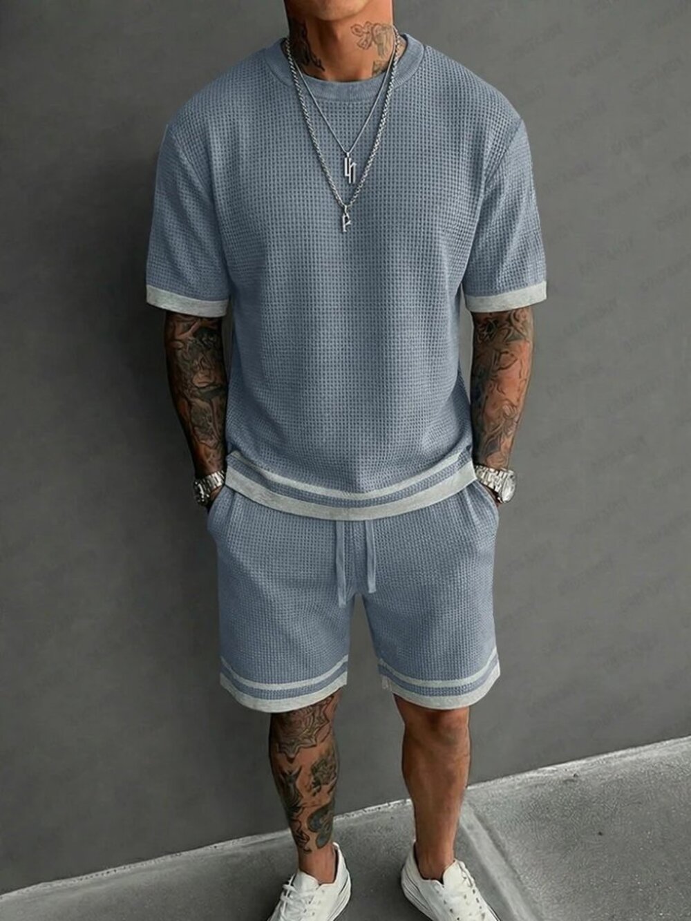 Coofandy Relaxed Fit Contrast Trim Waffle Casual Set